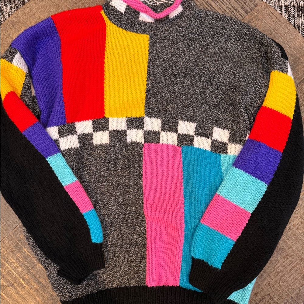 Vintage "No Signal TV" Colorblock sweater. Iconic 80's fashion piece